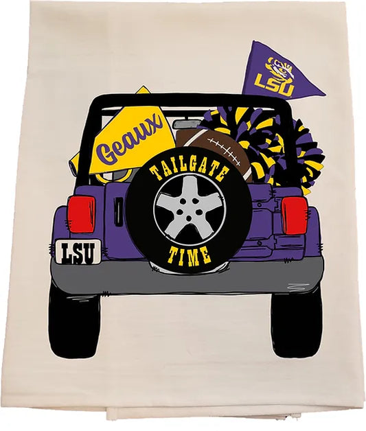 LSU jeep tea towel-Licensed carried by Bows and Bunnies.