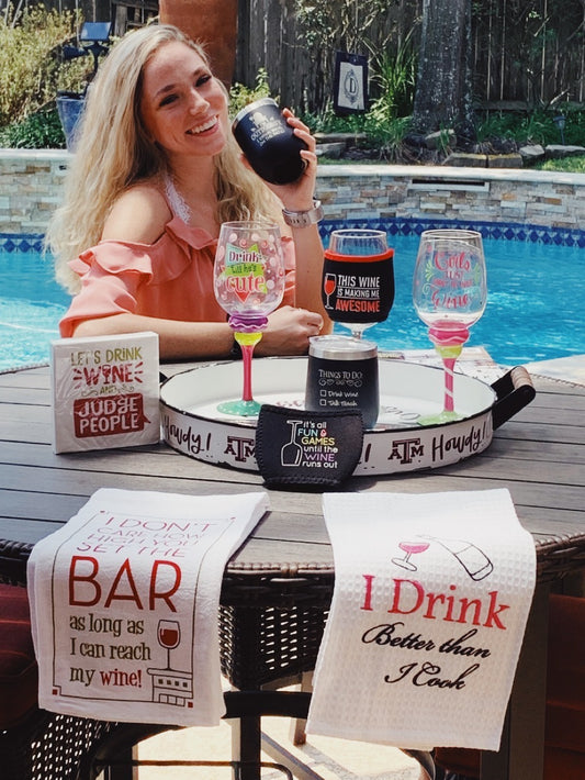 Here are some of our wine decor-tumblers, painted wine glasses, tea towels, koozies and napkins