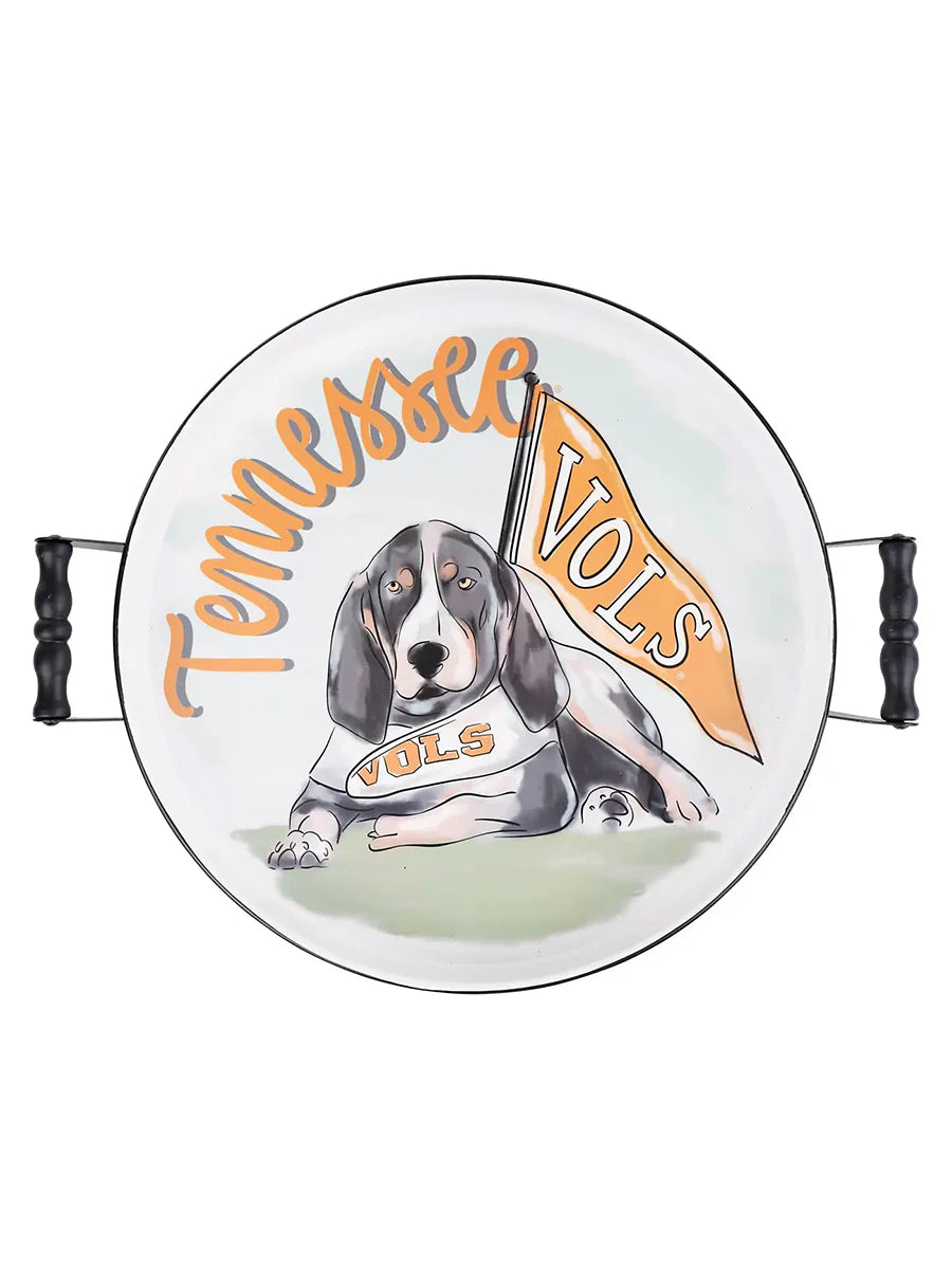 Round enamel tray with Tennessee Vols mascot dog holding team flag and Tennessee logo text in orange, with black handles